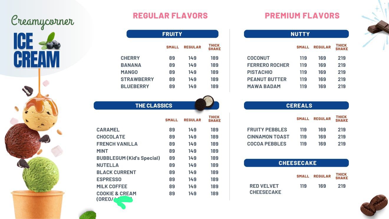 Official Creamy Corner Outlet Menu Card